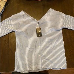 Super cute blue & white off the shoulder button up